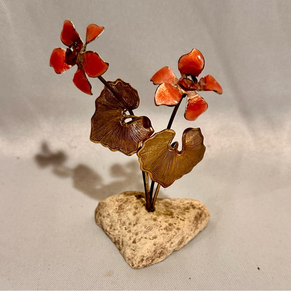 Vintage Enamelled Brass Pink Flower Sculpture on Stone Base, Mid-Century Art